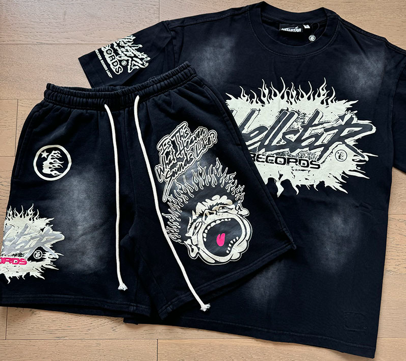 Hellstar Hellstar Records Black & White Flame Graphic T-Shirt and Shorts Set Black