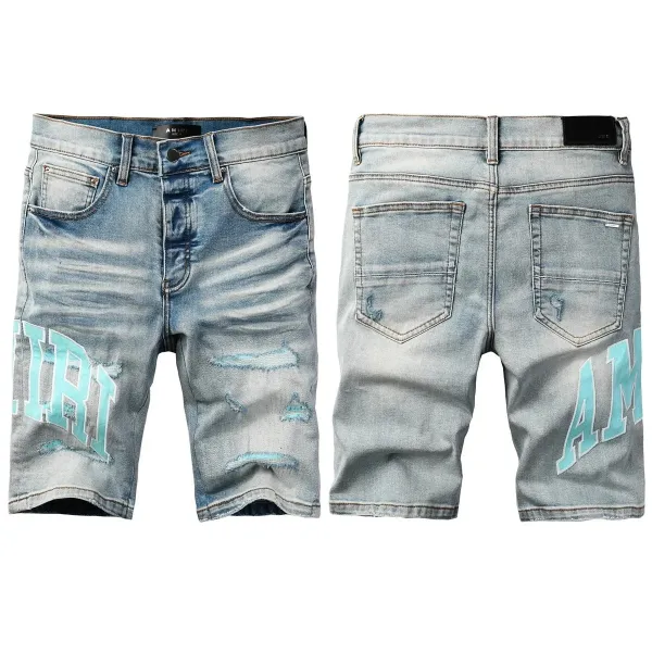 Amiri Distressed Logo Print Denim Shorts Blue - 1