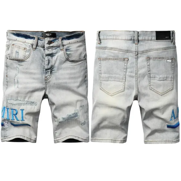 Amiri Distressed Embroidered Denim Shorts Light Wash - 1