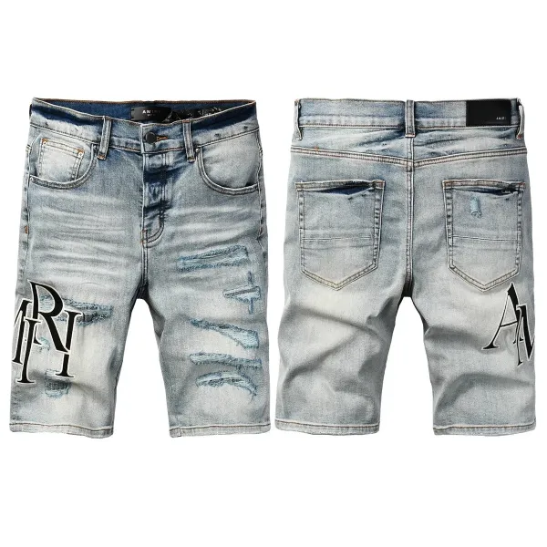 Amiri Distressed Logo Denim Shorts Light Wash - 1