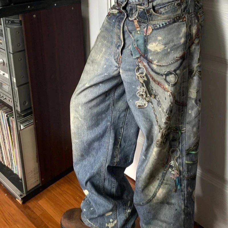 Dirty Blue Painted Jeans with Chains
