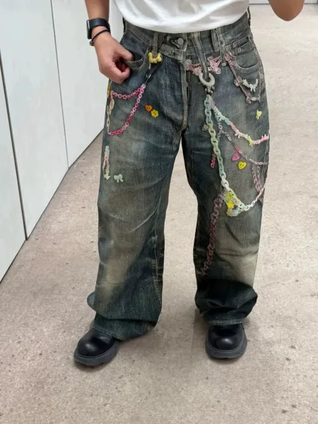 Customized Denim Jeans with Pastel Chain Embellishments Multicolor Jeans - 1