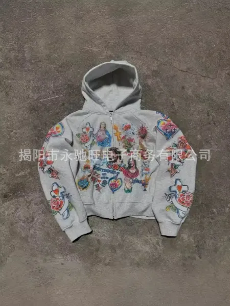Multicolor Tattoo-Print Zip-Up Hoodie - 1