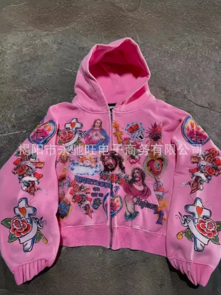 Pink Religious Tattoo Print Zip-Up Hoodie - 1