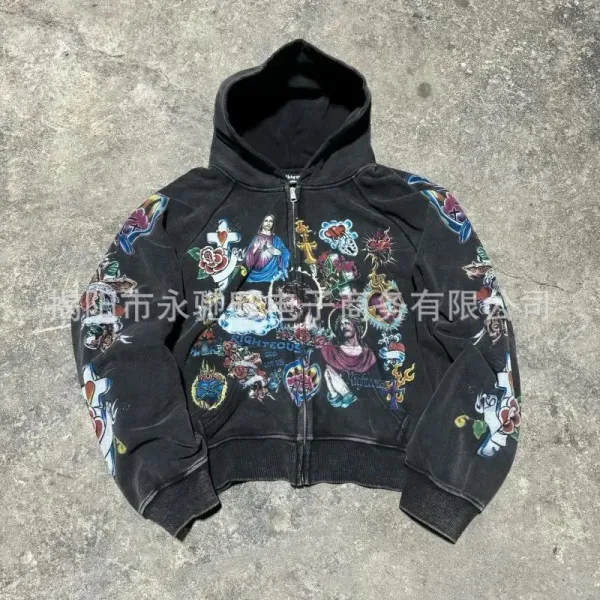Multicolor Tattoo-Print Zip-Up Hoodie - 8