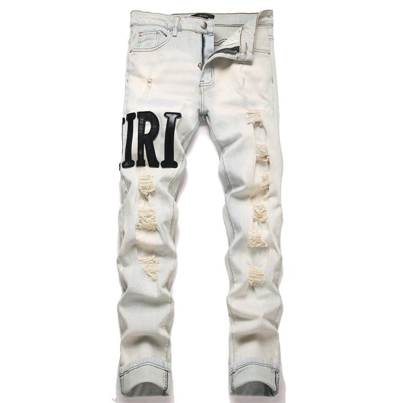Punk retro blue heavy craft slim fit elastic ripped hole waist small leg men's jeans