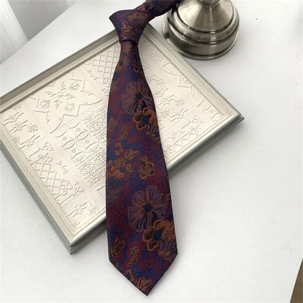 Floral Jacquard Necktie Burgundy Blue - 11