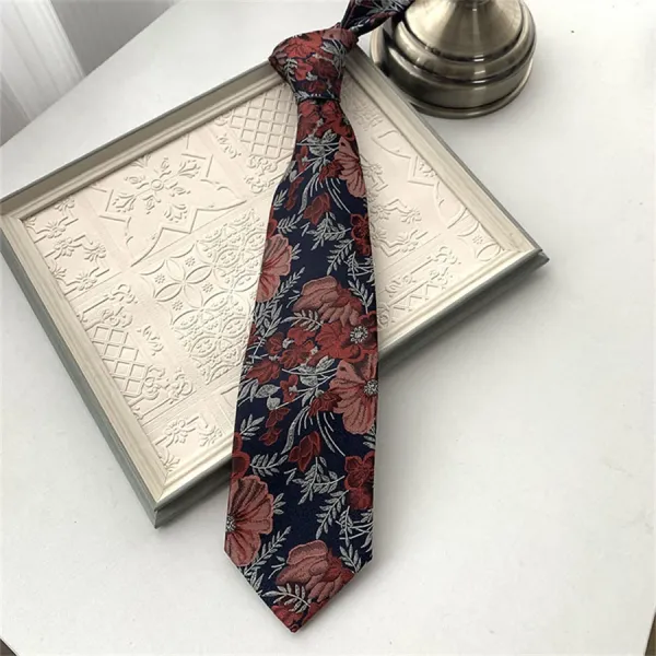 Floral Jacquard Necktie Burgundy Blue - 8