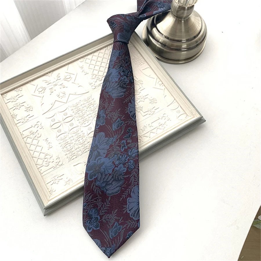 Floral Jacquard Necktie Burgundy Blue - 1