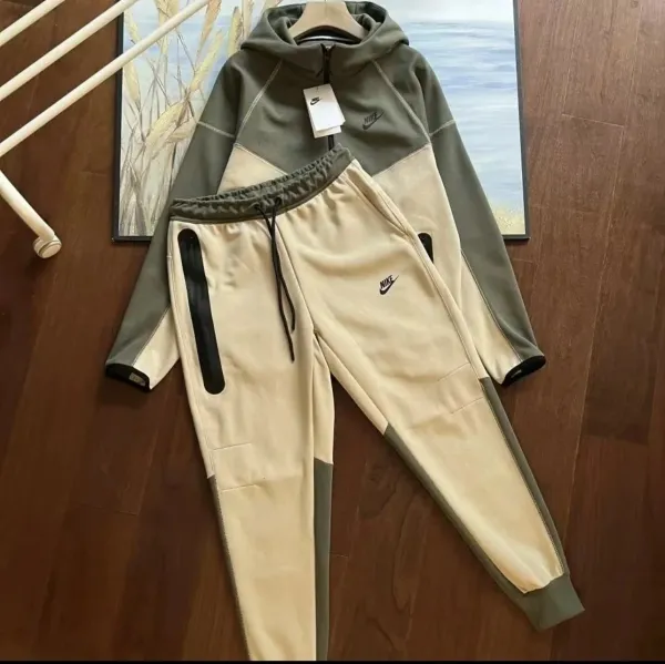 Nike Tech Fleece Color-Block Hoodie and Sweatpants Set Beige and Army Green - 1