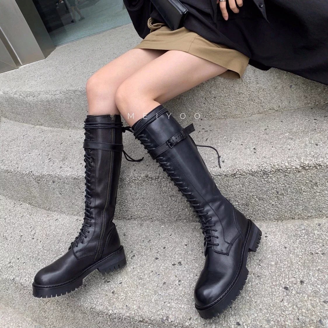 [Top Agent Edition] Ann Ankle Boots Thick Sole Zip-up Lace-up马丁Boots 2023 Fall Winter New Style Mid-calf Boots Cowhide Tie Round Toe Motorcycle Boots Knight Boots Xiaohongshu Influencer Same Style Versatile Slimming Height-increasing Fashion Vintage Non-slip Breathable Warm In Stock Free Shipping