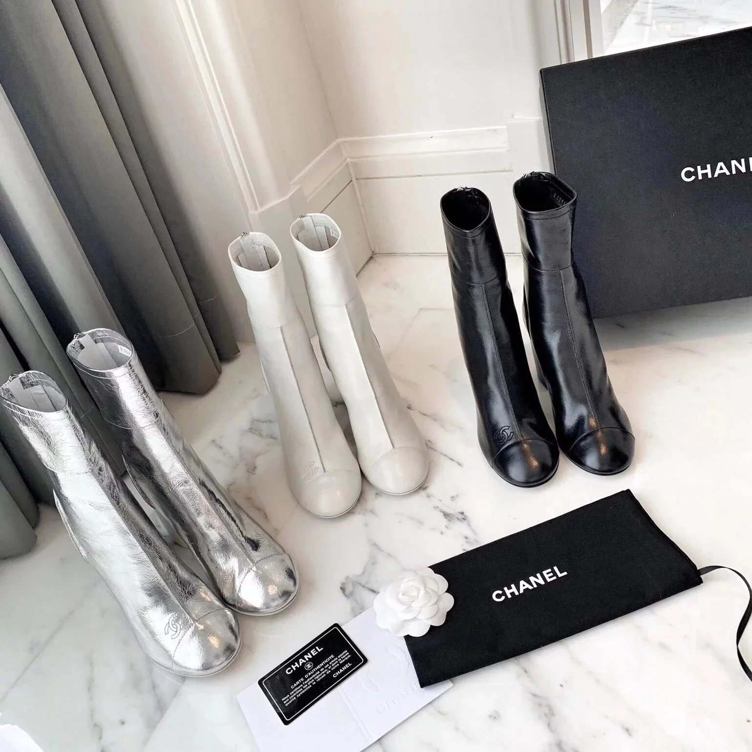 代购版本CHANEL香奈儿香奶奶C家2023秋季新款粗跟后拉链圆头亮皮短靴百搭及踝靴网红同款小红书爆款时尚复古百搭显瘦显腿长增高超轻柔软舒适 3