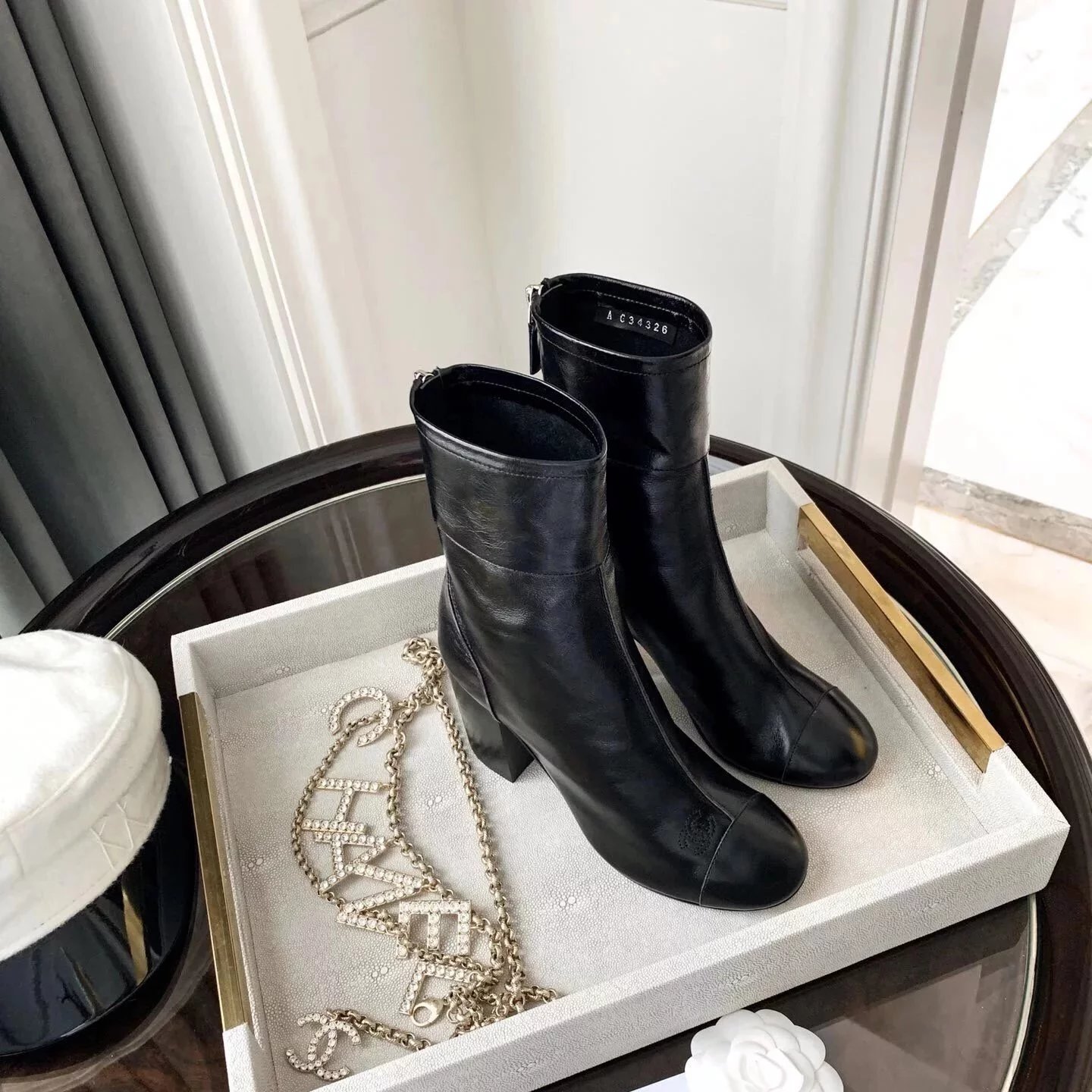 代购版本CHANEL香奈儿香奶奶C家2023秋季新款粗跟后拉链圆头亮皮短靴百搭及踝靴网红同款小红书爆款时尚复古百搭显瘦显腿长增高超轻柔软舒适 12