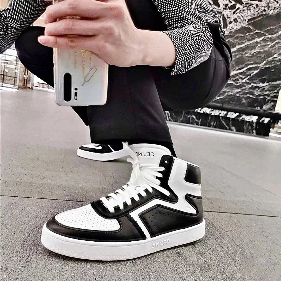 Celine赛琳 代购版2022最新款TRAINER高帮系带休闲运动鞋滑板鞋熊猫鞋小白鞋男女同款情侣款时尚潮流复古街头嘻哈百搭显瘦柔软舒适网红同款小红书爆款现货包邮