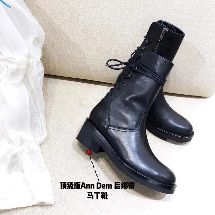 【 Top Purchasing Version 】 Ann Thick Heel Back Strap Zipper Short Boots 2023 Autumn and Winter New Style Yang Mi Same Style Versatile Look Slim and Height Increase Round Head Thick Bottom Leather and Ankle Boots Back Strap Strap Motorcycle Boots Knight Boots Martin Boots Fashion Retro Classic Simple Stock Free Shipping