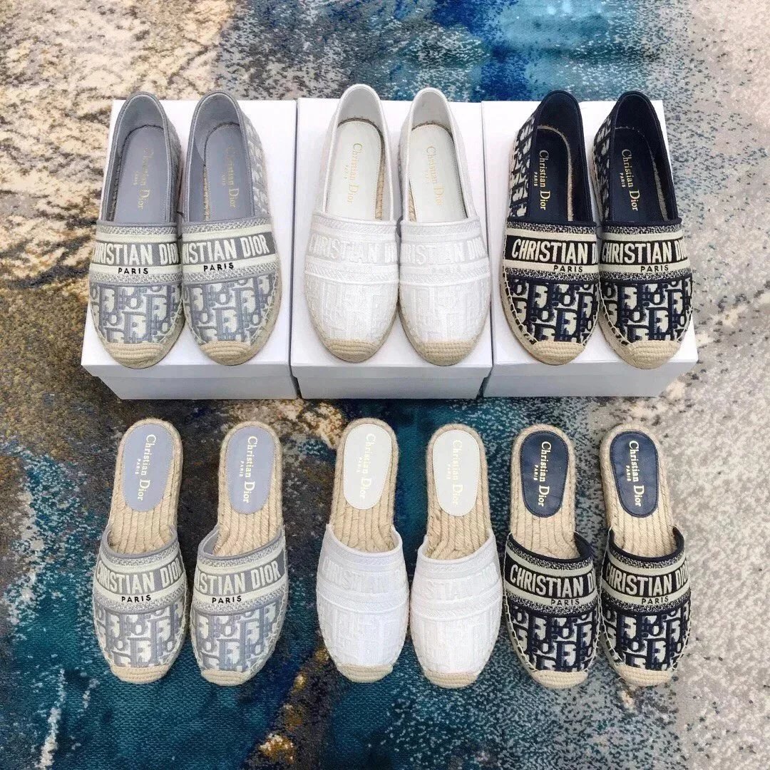 迪奥 渔夫鞋Dior鞋2023年春夏季新款dior迪奥渔夫鞋刺绣半托鞋平底鞋女休闲鞋老花麻绳鞋编制穆勒鞋拖鞋