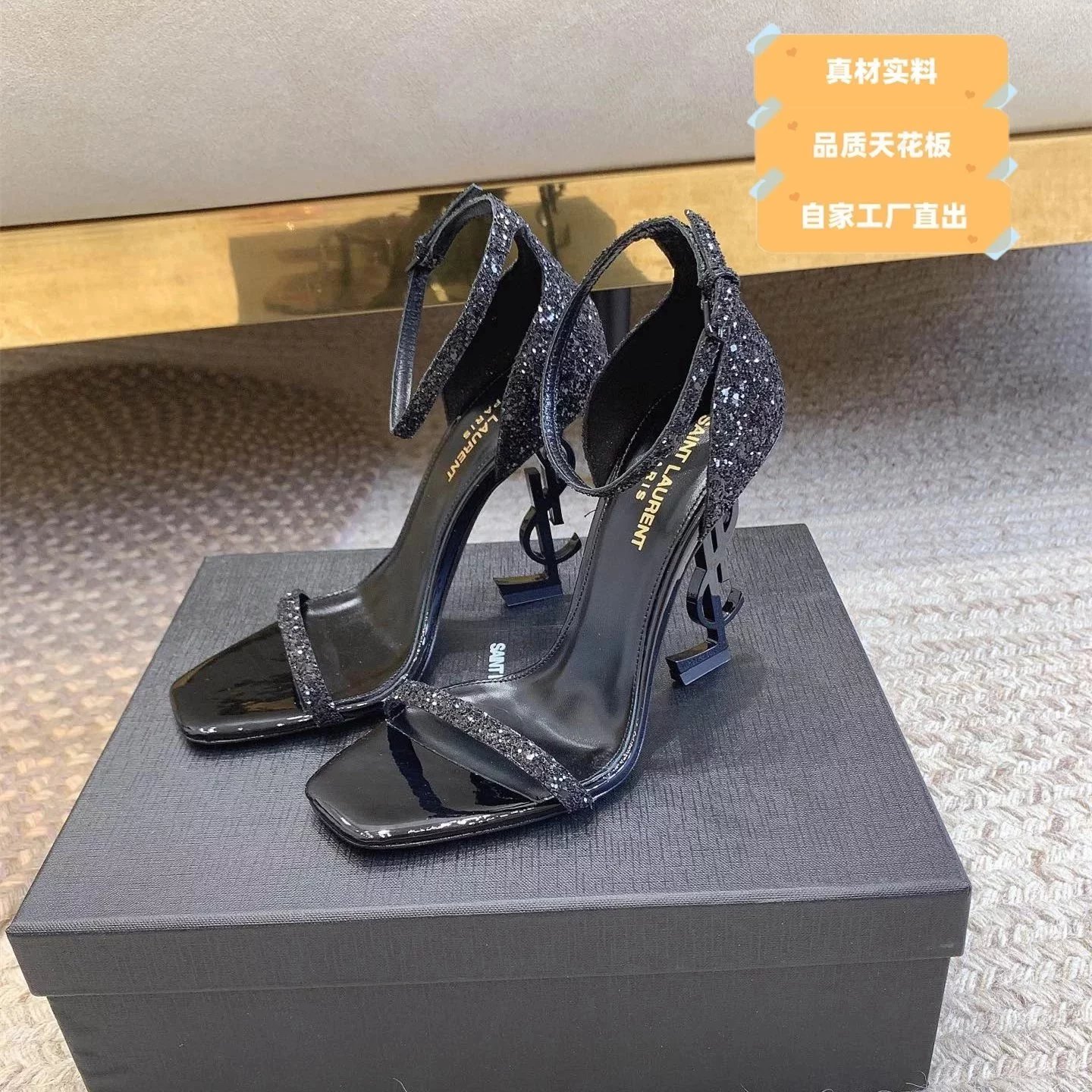 代购版本工厂直出SAINT LAURENT圣罗兰YSL2023ss最新款logo跟OPYUM系高跟鞋一字带凉鞋女鞋小红书爆款现货包邮 5
