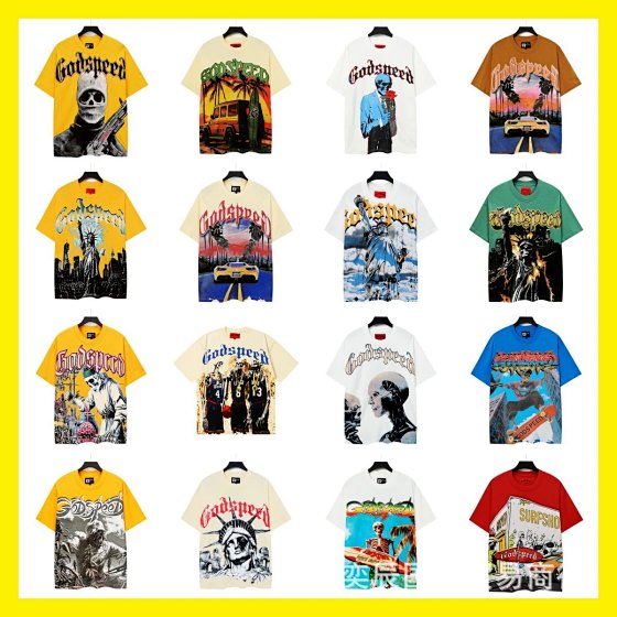 High Version Gods Short Sleeve Heavyweight Washed Fog High Street Streetwear Rock Band Skull Pure Cotton Print Crew Neck