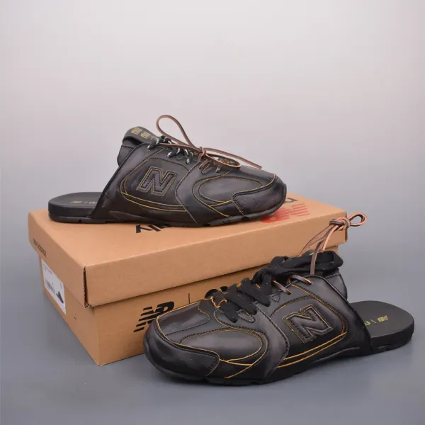 New Balance 990 Slide Black Leather with Gold Stitching Slippers - 1