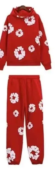 Design Floral Print Red Hoodie and Sweatpants Set - 1