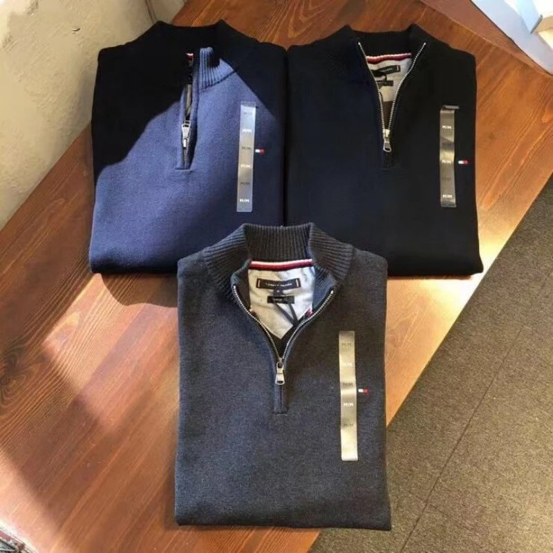 秋冬Tommy男士休闲半拉链刺绣高领套头针织衫毛衣 - 131797