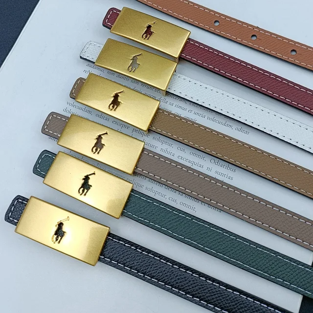 Unbranded Belts Stitched belt with rectangular gold-tone buckle and equestrian emblem product detail image 9