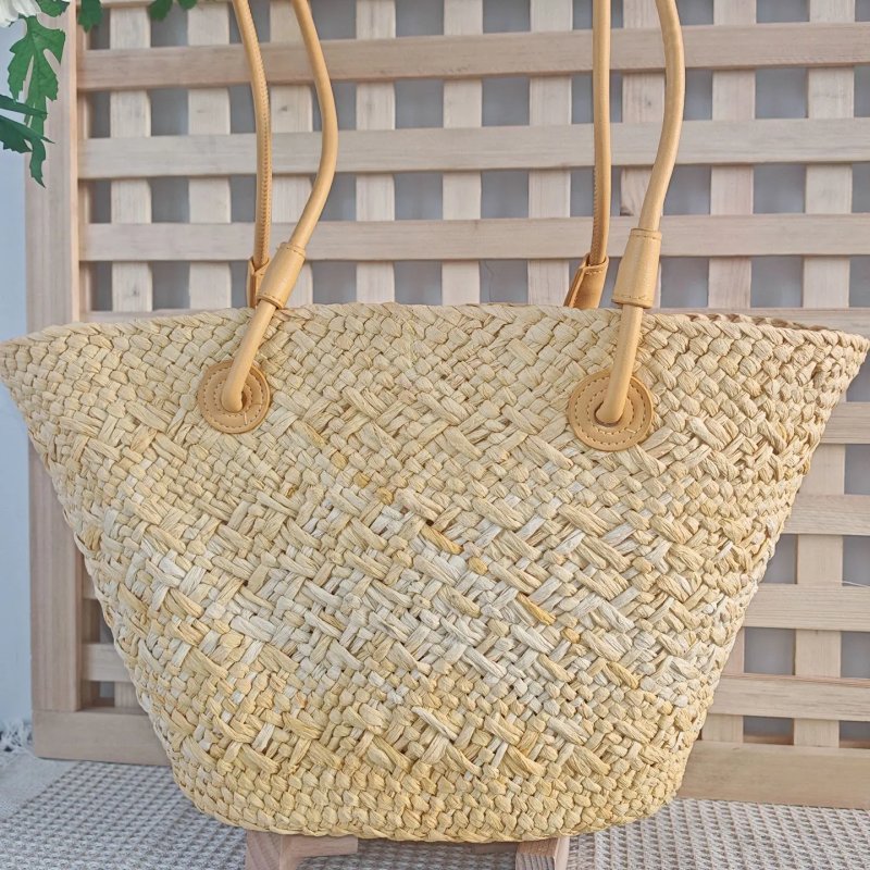 Woven Straw Tote Bag with Leather Handles Beige Handbags