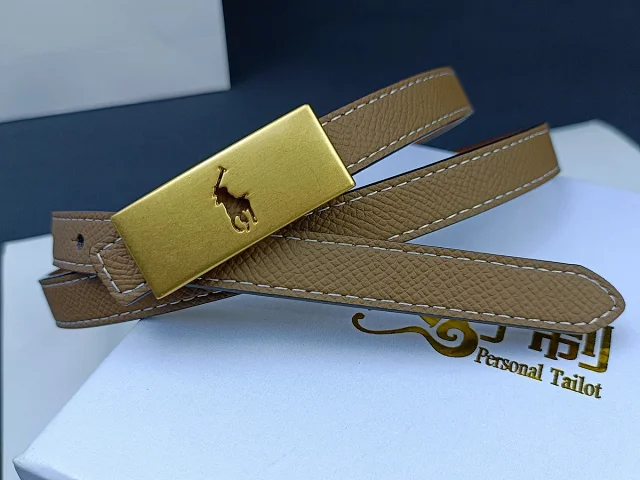 Unbranded Belts Stitched belt with rectangular gold-tone buckle and equestrian emblem product detail image 3