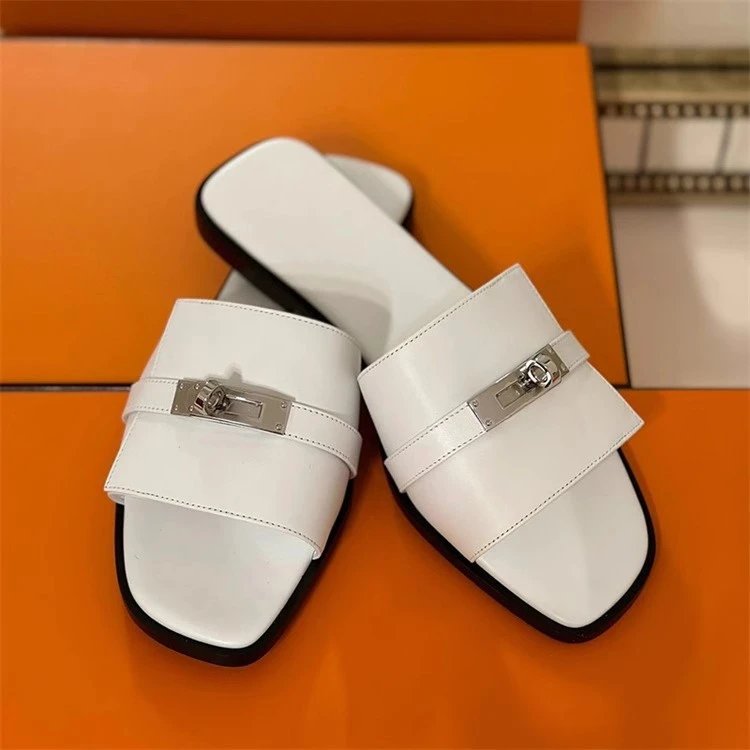 Hermès Leather Buckle Slides — White product photo 3