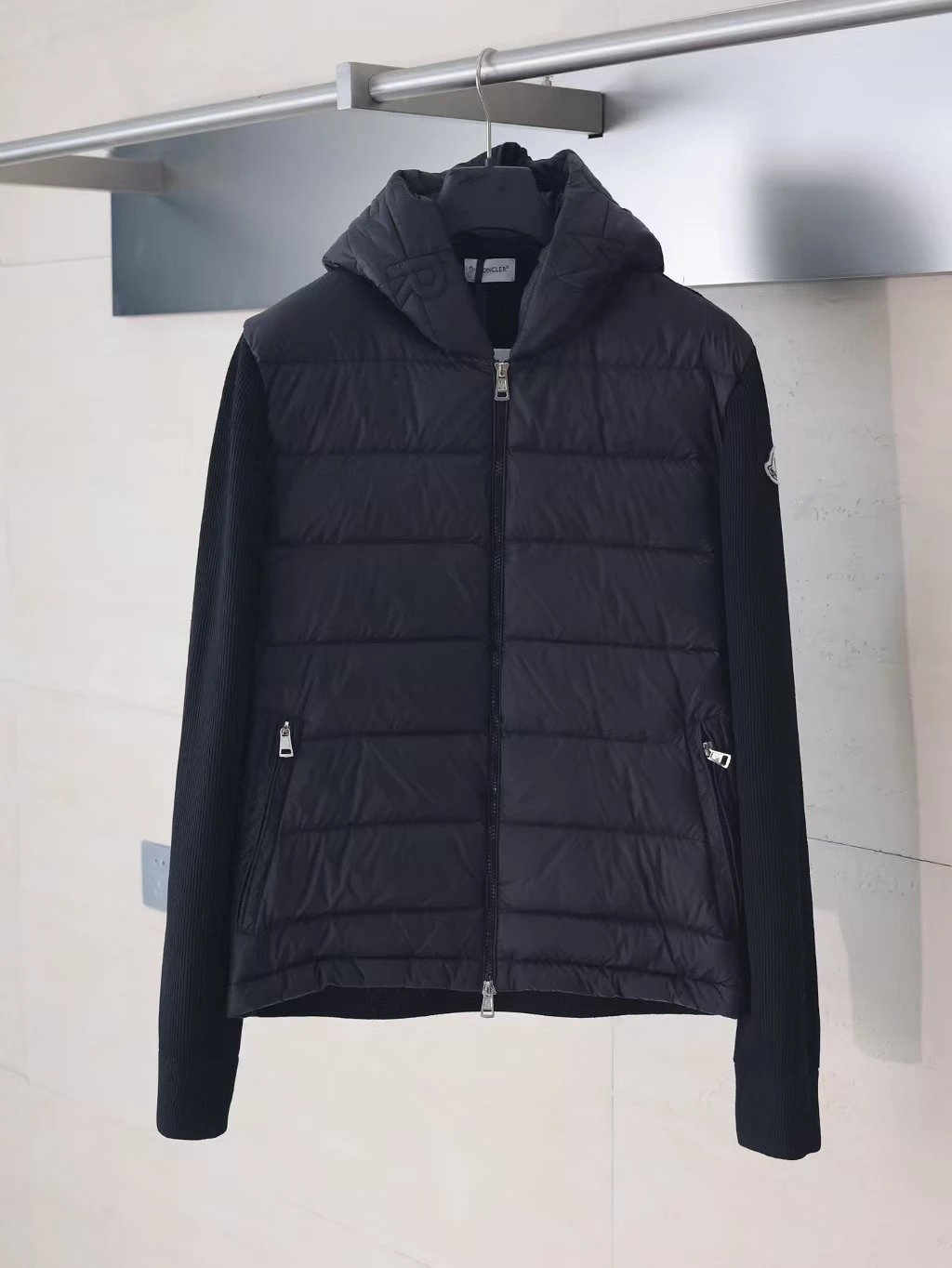 Moncler Hooded Down Jacket Embroidered Wool Knit Patchwork Black