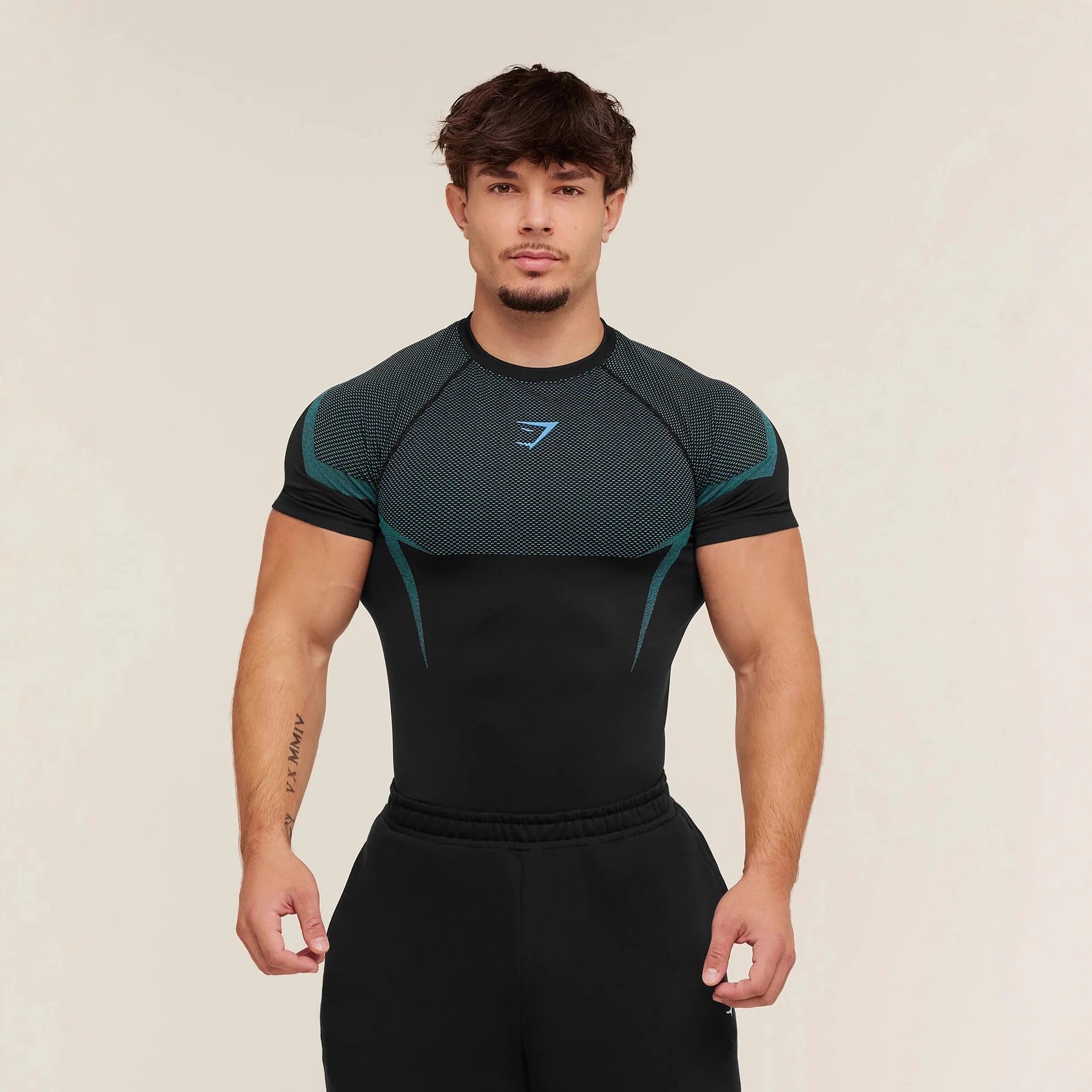 GYMSHARK ONYX Men's T-Shirt Athletic Fitness Quick-Dry Breathable Stretch Crew Neck Short Sleeve Tight Training Shirt