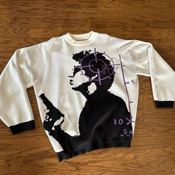 Design Graphic Knit Sweater with Silhouette and Target Motif White / Black / Purple - 1