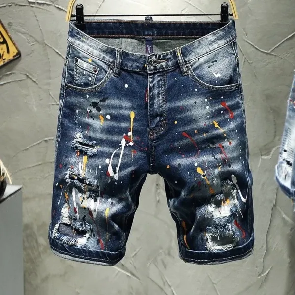Design Paint-Splatter Distressed Denim Shorts Blue - 1