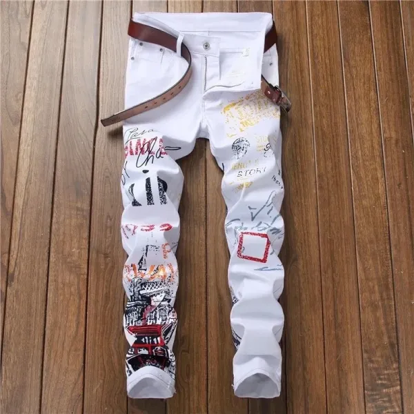 Design Graffiti-Print Distressed White Jeans - 1