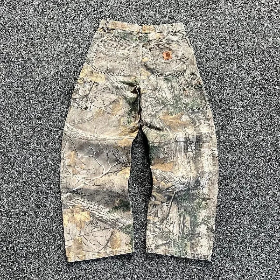 Ka&Ha&Te Summer Washed Camouflage Pants Tree American Vintage Wide Leg Loose Straight Cowboy Pants