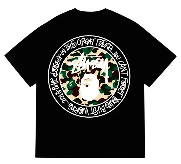 Stussy x A Bathing Ape Camo Circle Graphic Black T-Shirt - 1
