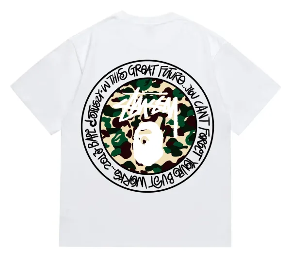 Stussy x A Bathing Ape Camo Circle Graphic White T-Shirt - 1