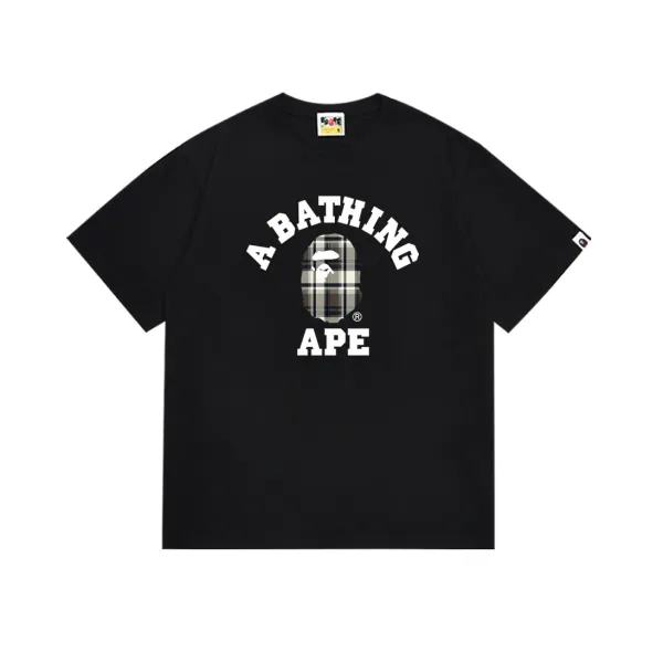 A Bathing Ape Plaid Ape Head Arch Logo Black T-Shirt - 1