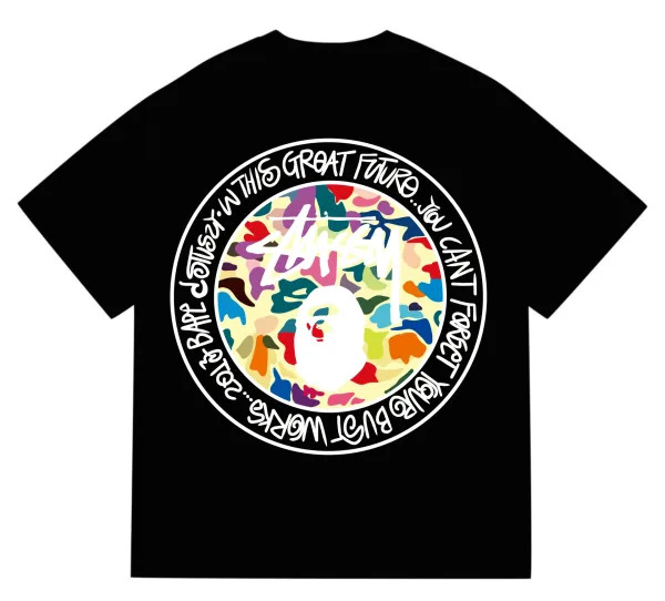 Stussy x A Bathing Ape Multicolor Camo Circle Graphic Black T-Shirt - 1