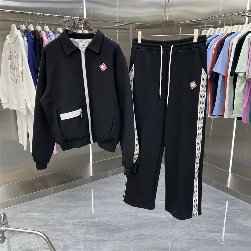 Casablanca Tracksuits Zip-up track jacket and trousers set with embroidered leaf stripe — Set -04 Black