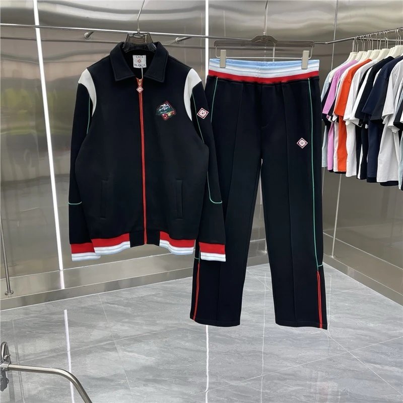 Casablanca Tracksuits Zip-up track jacket and trousers set with embroidered leaf stripe — Set -01 Black