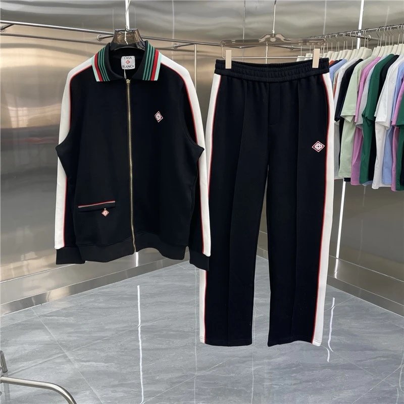 Casablanca Tracksuits Zip-up track jacket and trousers set with embroidered leaf stripe — Set -03 Black