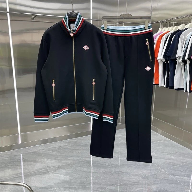 Casablanca Tracksuits Zip-up track jacket and trousers set with embroidered leaf stripe — Set -08 Black