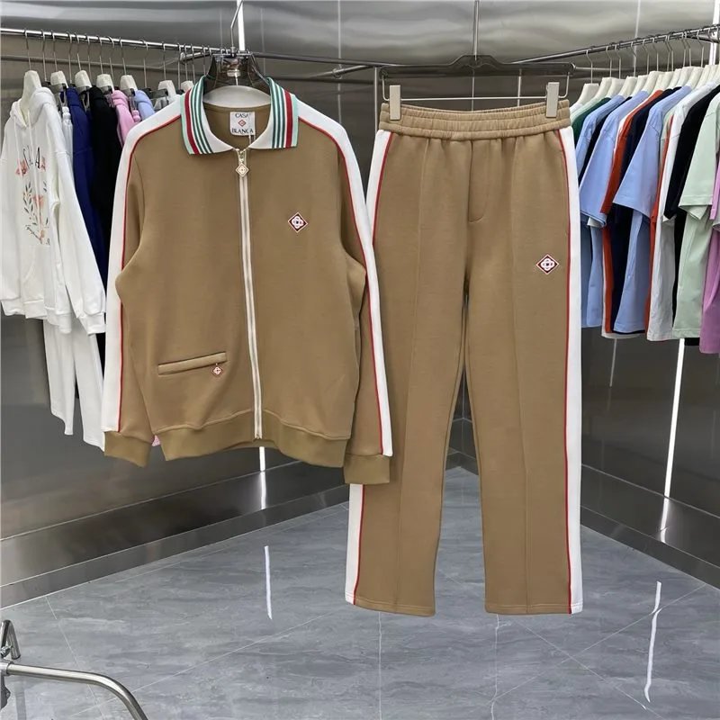 Casablanca Tracksuits Zip-up track jacket and trousers set with embroidered leaf stripe — Set -03 Coffee Color