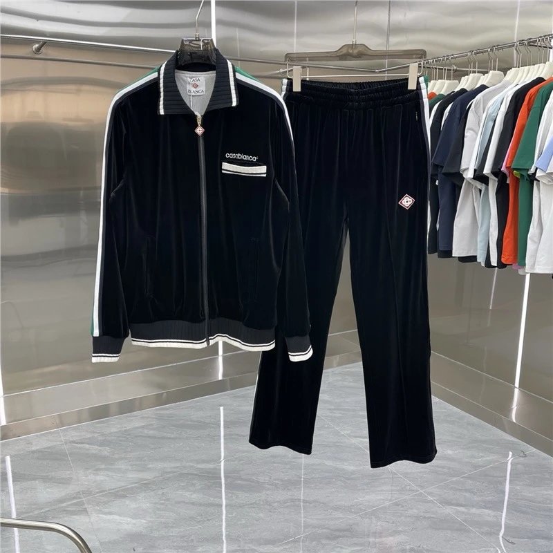 Casablanca Tracksuits Zip-up track jacket and trousers set with embroidered leaf stripe — Set -06 Black