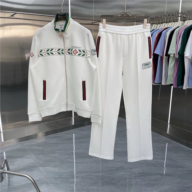 Casablanca Tracksuits Zip-up track jacket and trousers set with embroidered leaf stripe — Set -02 White