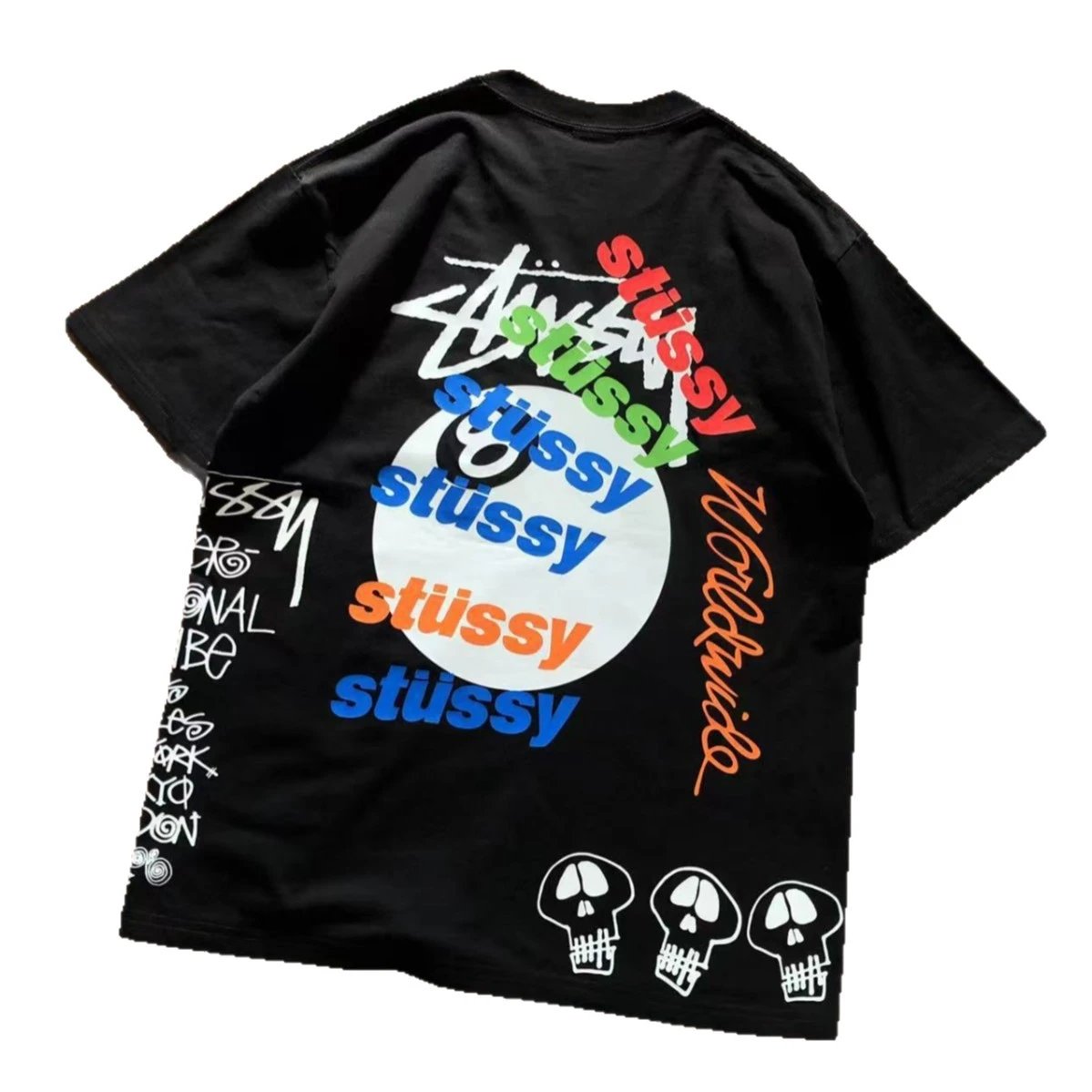 Stüssy T-Shirts Multicolor logo and skull graphic image 3