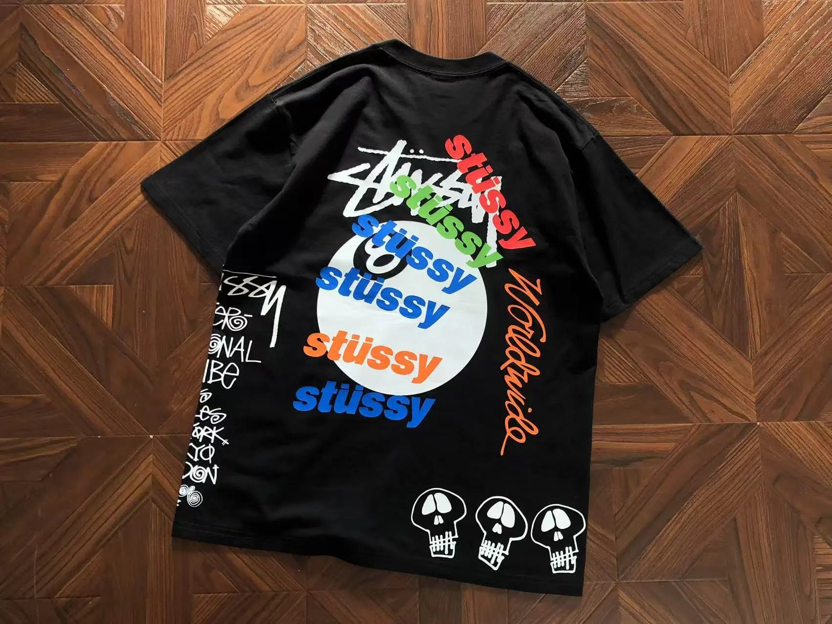 Stüssy T-Shirts Multicolor logo and skull graphic — G 59#Black