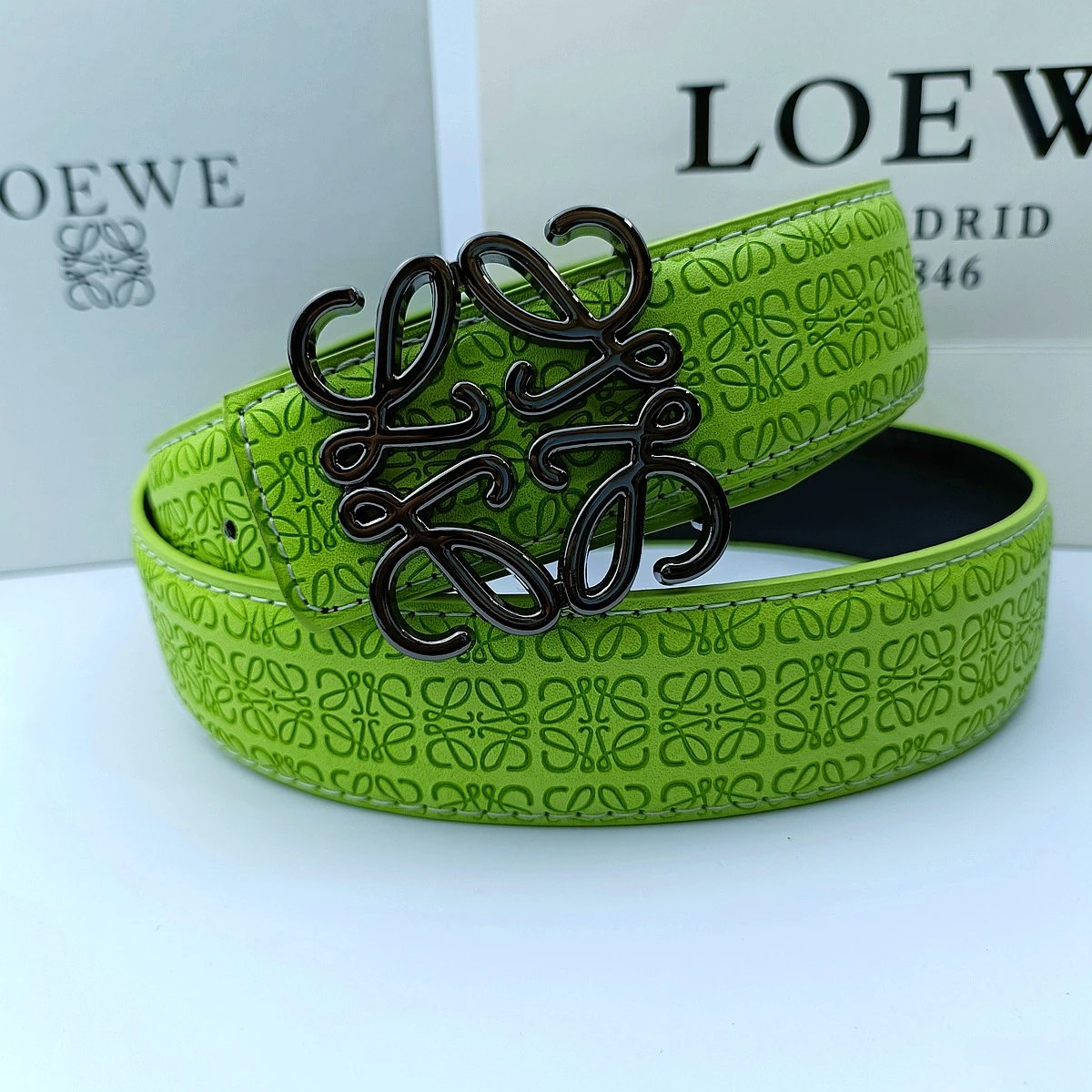 Loewe Belts Anagram Buckle Embossed Leather Belt — 3.8 edged and embossed green + Luger trigger guard