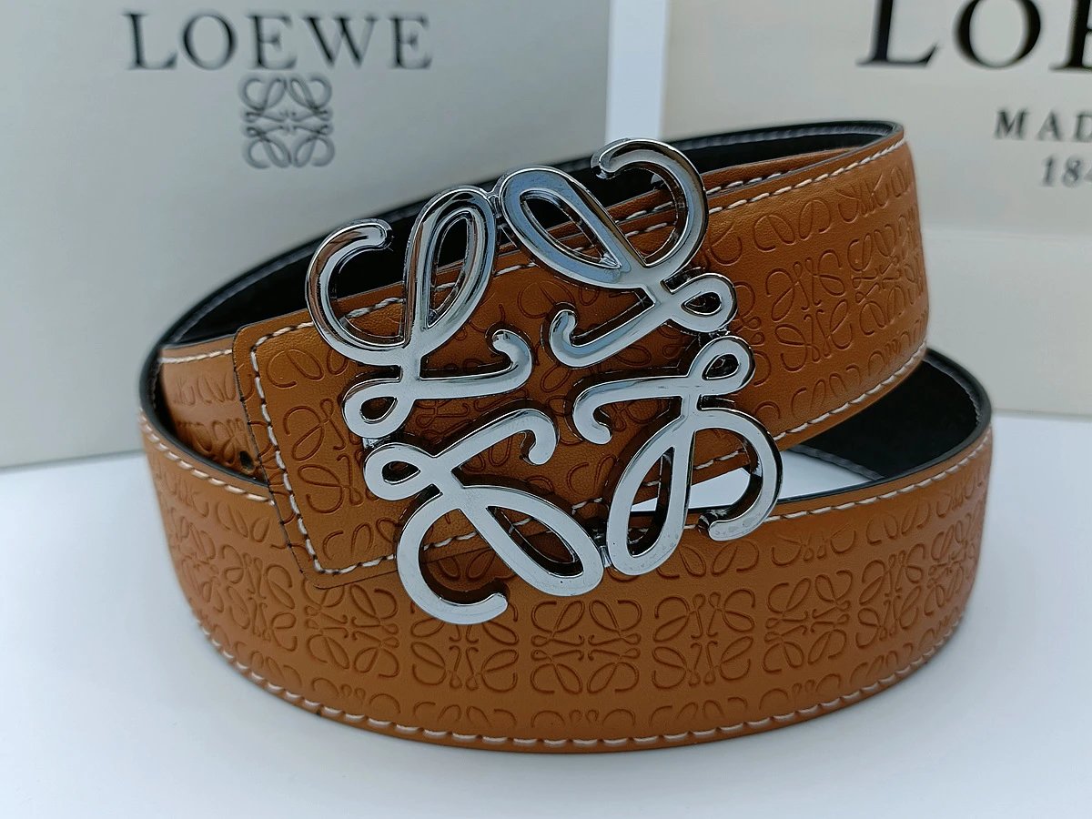 Loewe Belts Anagram Buckle Embossed Leather Belt — 3.8 trimmed and embossed in khaki + Rovier silver buckle